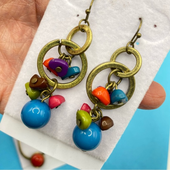 Orange & Blue Long Earrings Antique Gold Tone Pierced Bundle of Three Pairs - Picture 3 of 5